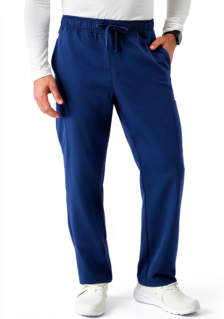 Installing Hanes Medical Scrub Pants Comfort Fit Stretch Fabric on a wooden desk