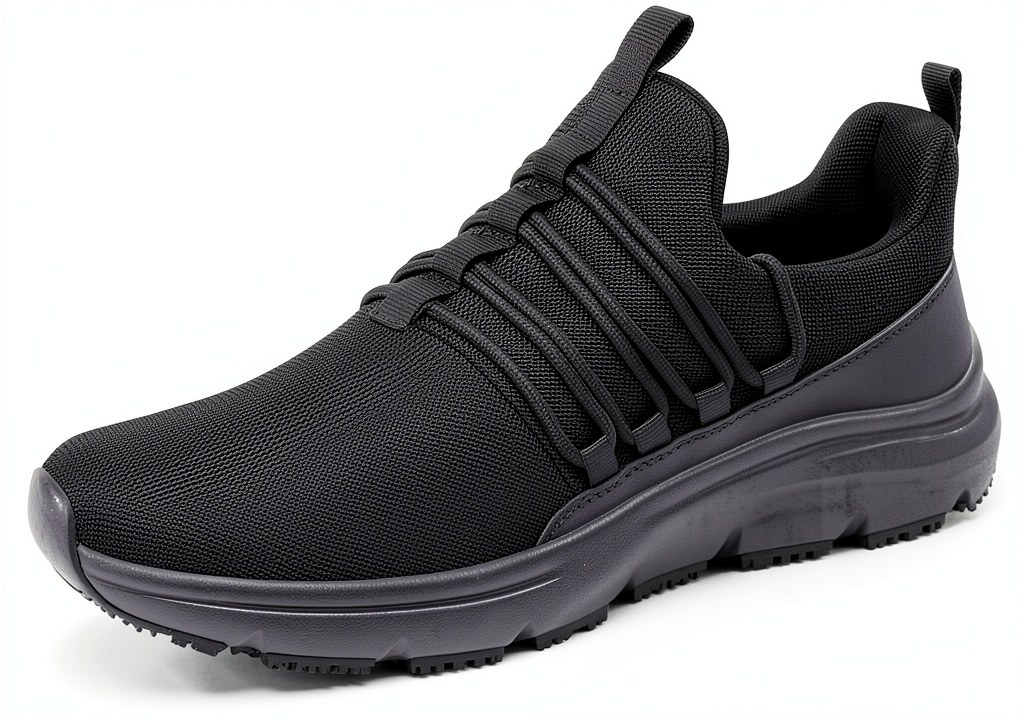 Black slip-resistant work shoes on a kitchen floor