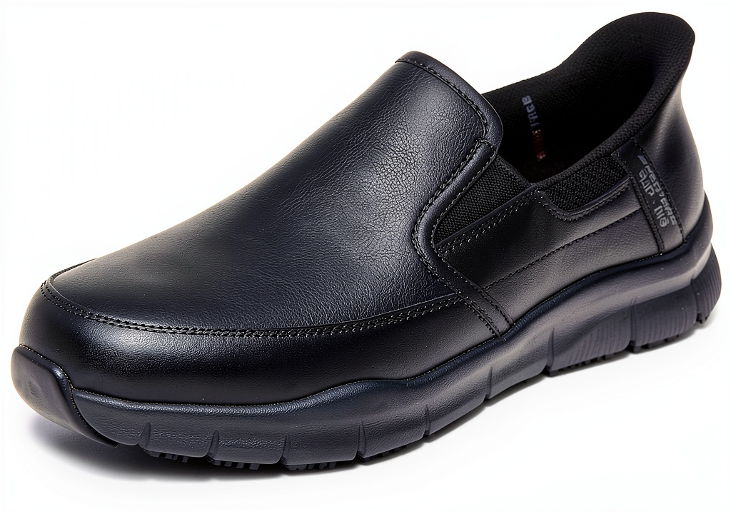 Installing Skechers Slip Resistant Work Shoes Mens Black Safety on a wooden desk