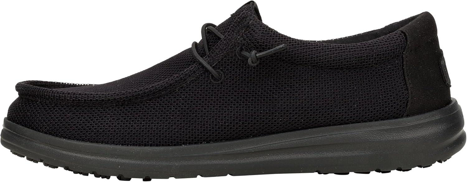 Hey Dude Wally Work CE slip-on loafer in Black Mesh color on a work floor