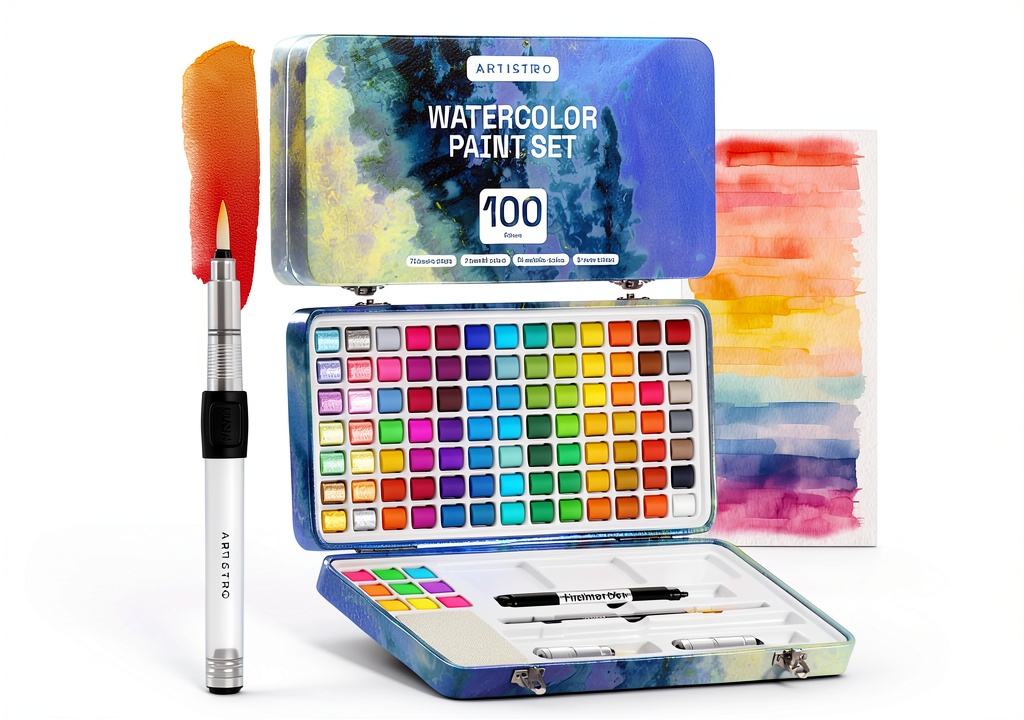 ARTISTRO Watercolor Paint Set open on a table with vibrant colors and accessories