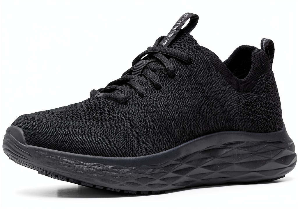 Everlight slip‑resistant work sneakers being examined on a stainless‑steel kitchen countertop