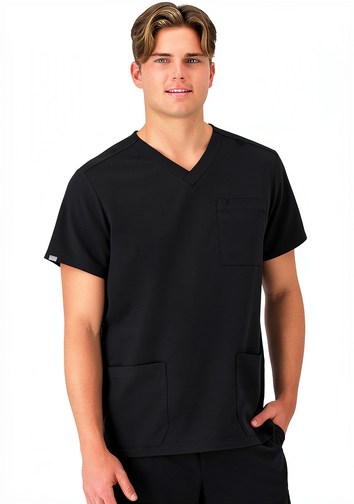 Hanes Comfort Fit Medical Scrub Shirt showing front pockets and V-neck design