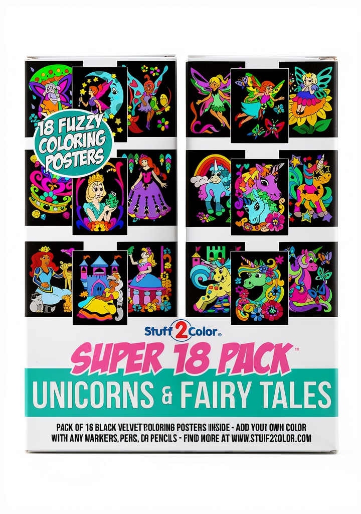 Stuff2Color Unicorn Fairy Tales velvet coloring posters displayed flat