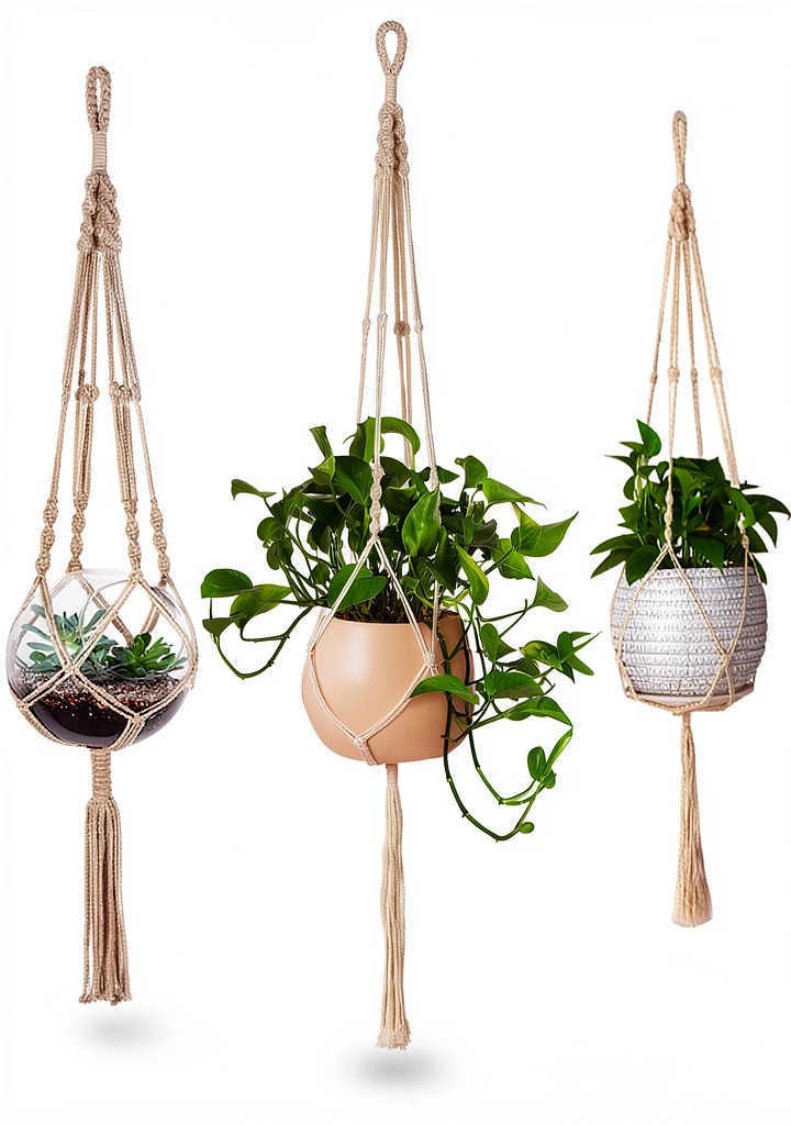 MIPON cotton macrame hanger displayed on a balcony with trailing plants